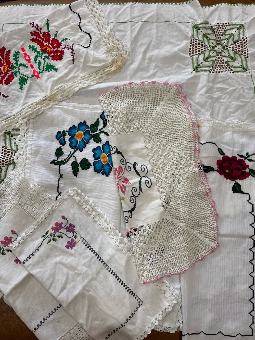 Vintage Needlepoint Table Linen Lot of 8 Hand Embroidered Crochet Trim. As Is.